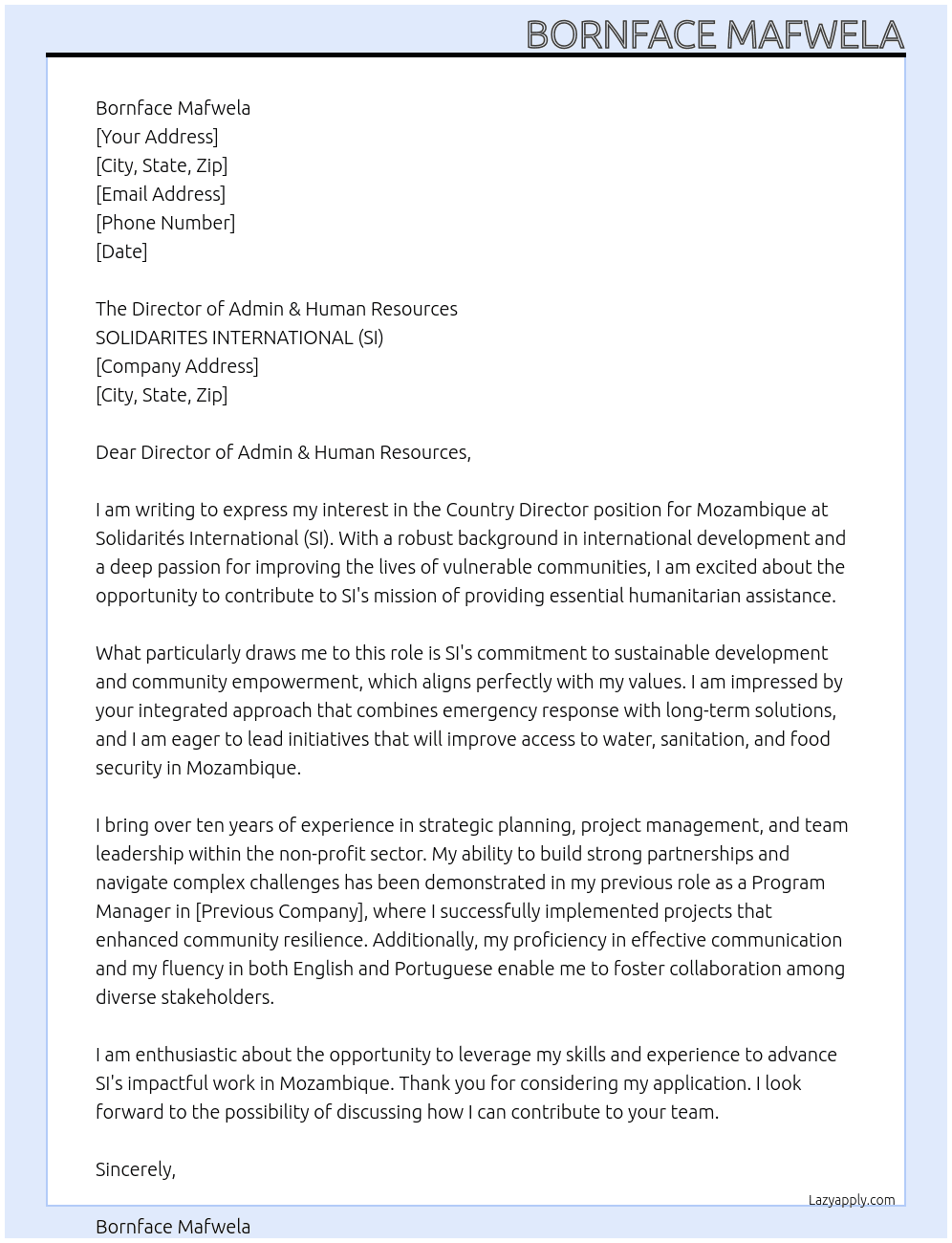 Cover letter for mozambique - country director - LazyApply