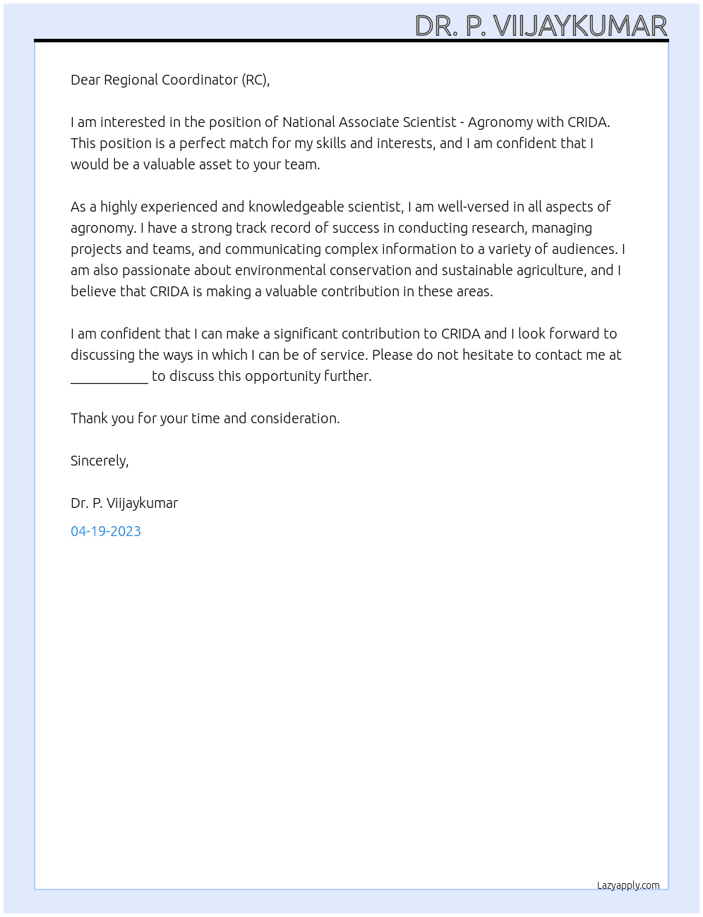 National Associate Scientist - Agronomy At CRIDA Cover Letter