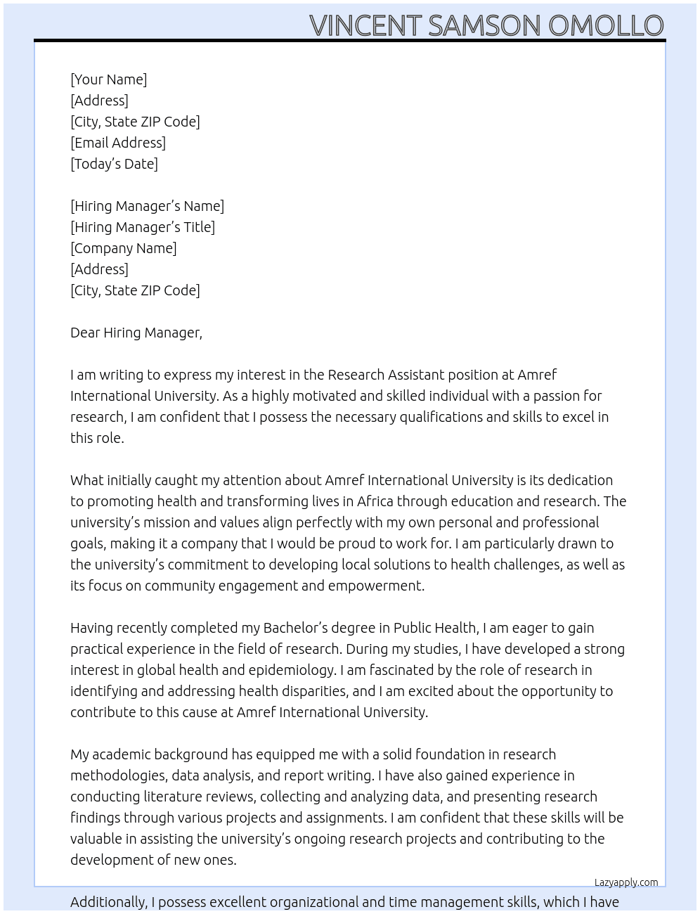research assistant At Amref International University Cover Letter