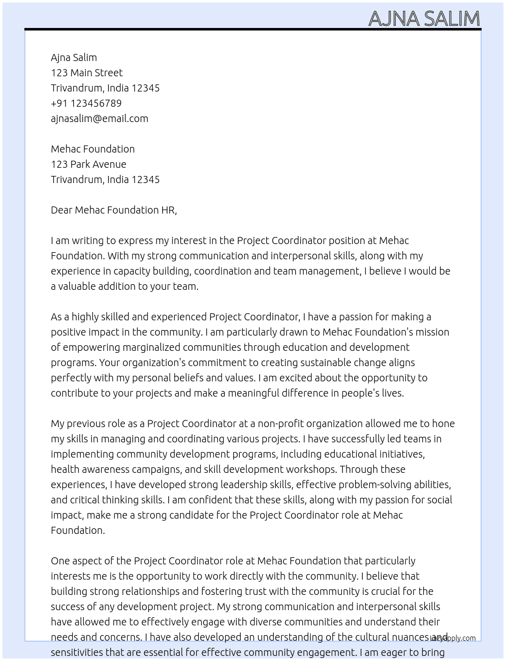 Project coordinator At Mehac foundation  Cover Letter