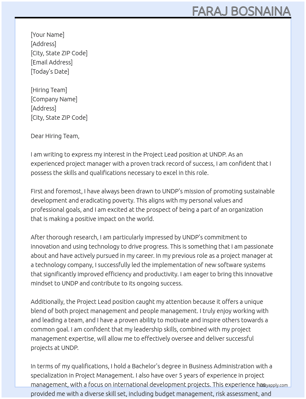 Project Lead At UNDP Cover Letter