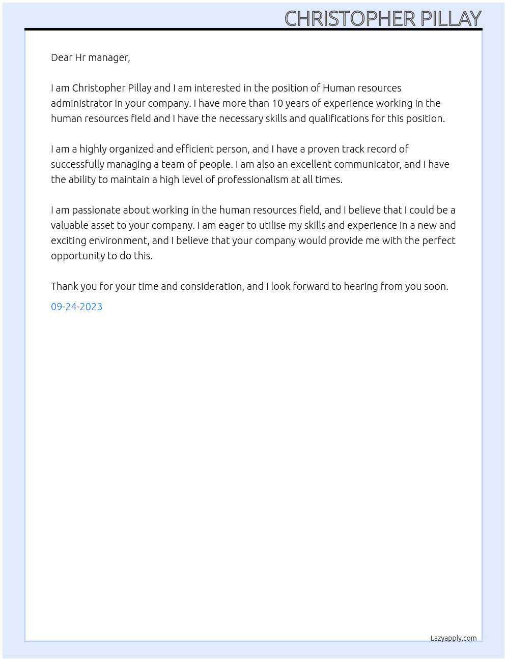 Human resources administrator  At Market research company Cover Letter