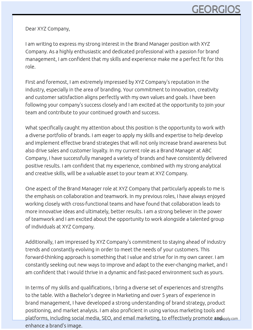 Brand Manager At XYZ Company Cover Letter