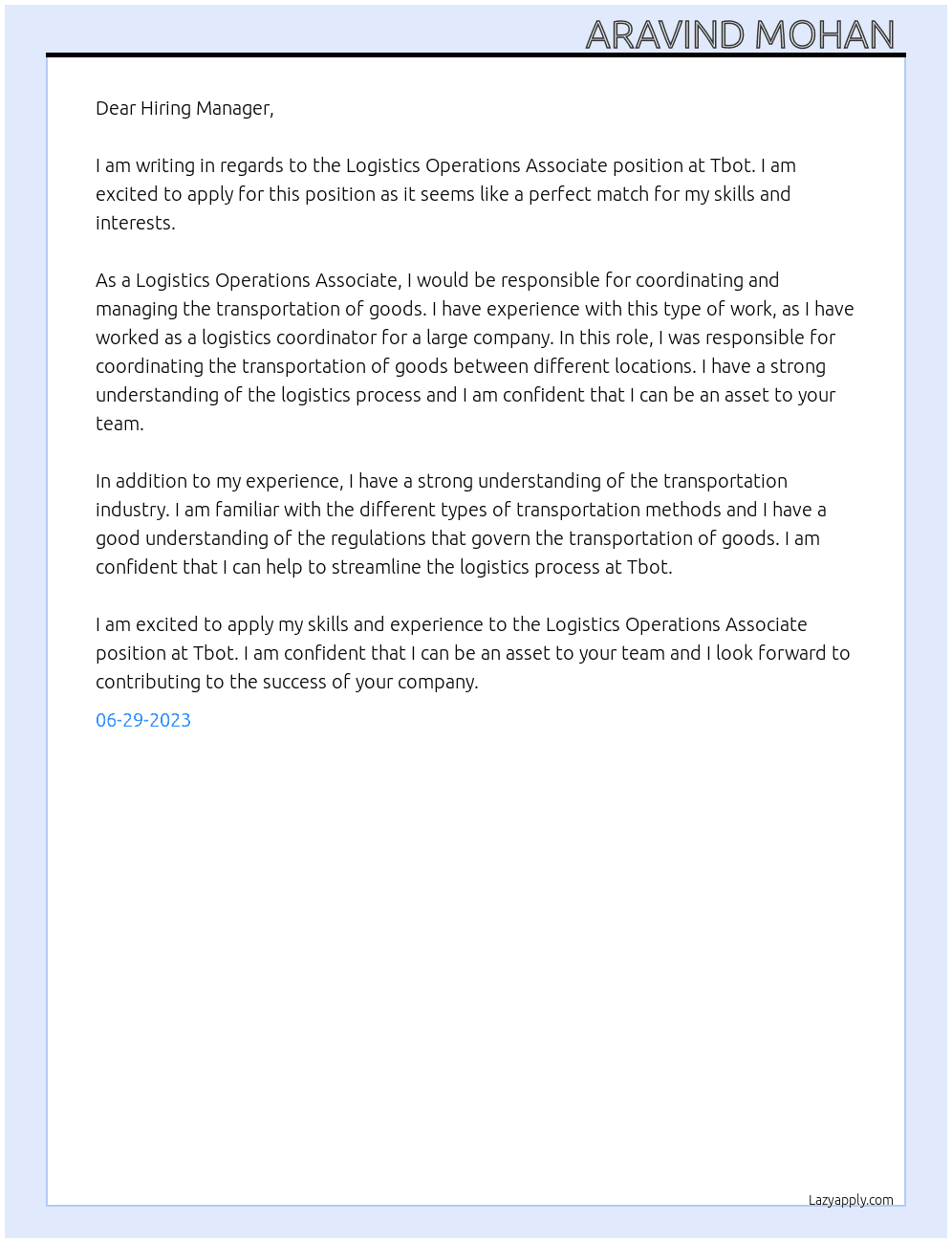 Logistics operations associate  At Tbot Cover Letter