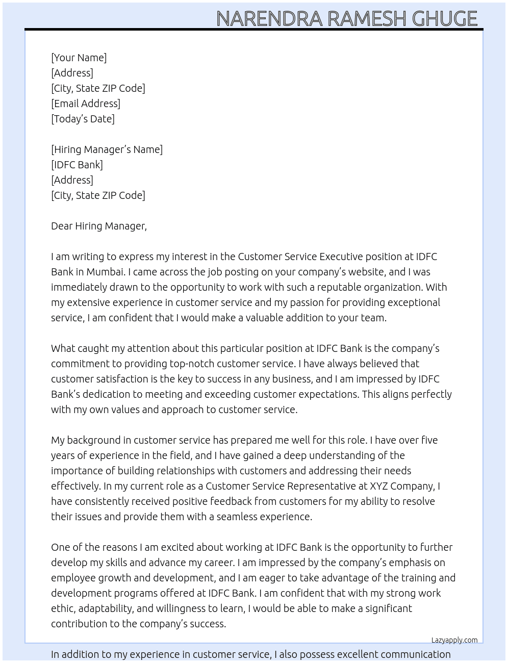 Customer service executive  At Idfc bank  Cover Letter