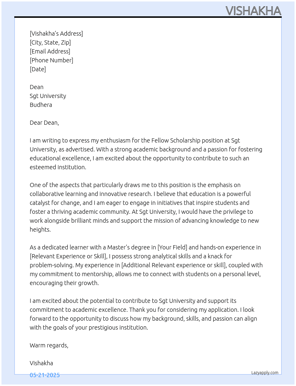 Cover letter for fellow scholarship - LazyApply