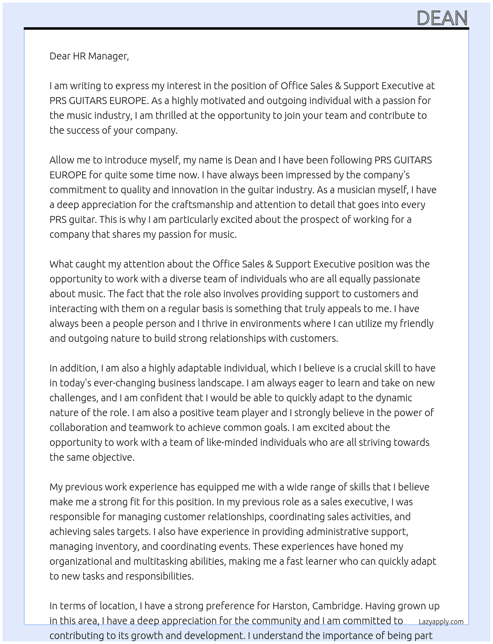 Office Sales & Support Executive At PRS GUITARS EUROPE Cover Letter