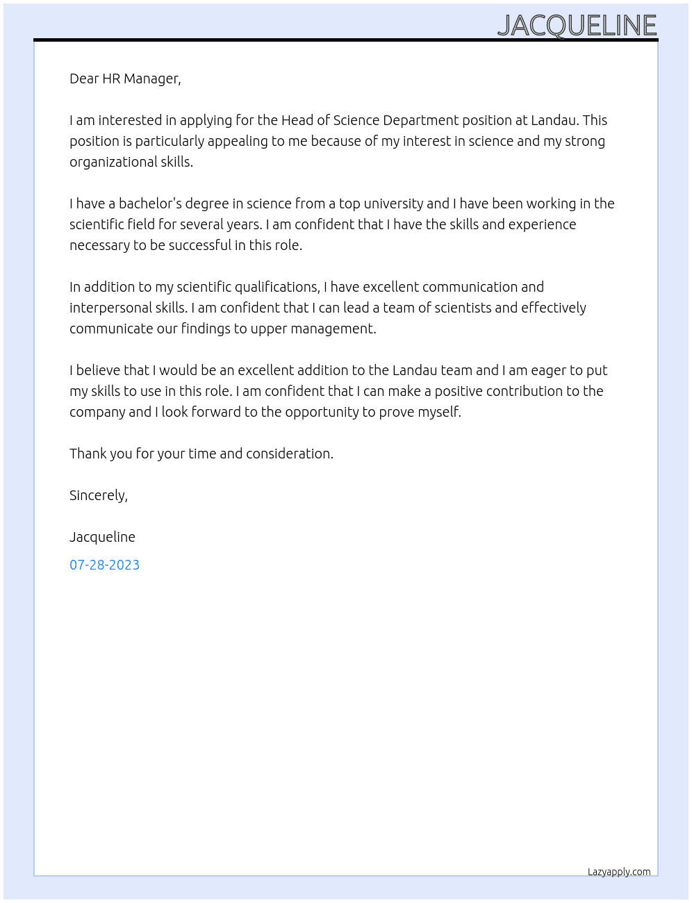 Head of Science Department At Landau Cover Letter