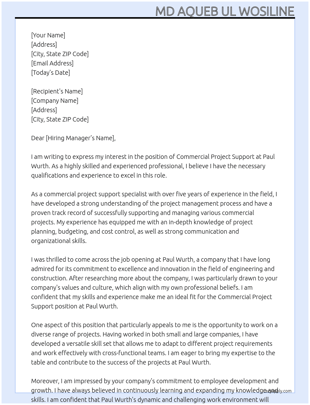  Commercial Project Support At Paul wurth Cover Letter
