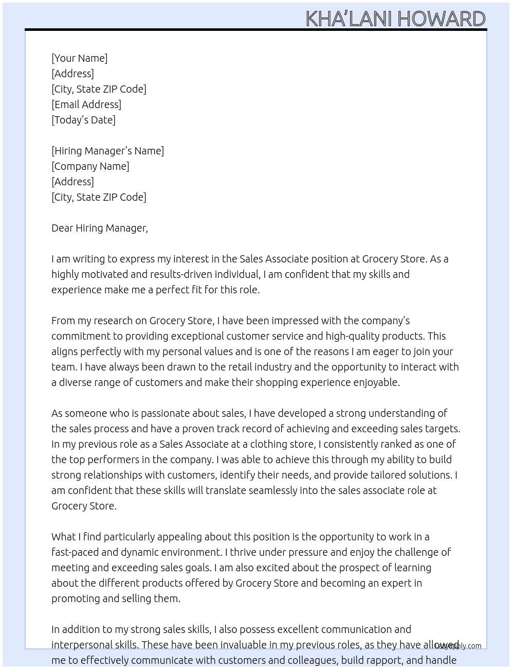 Sales Associate At Grocery Store Cover Letter