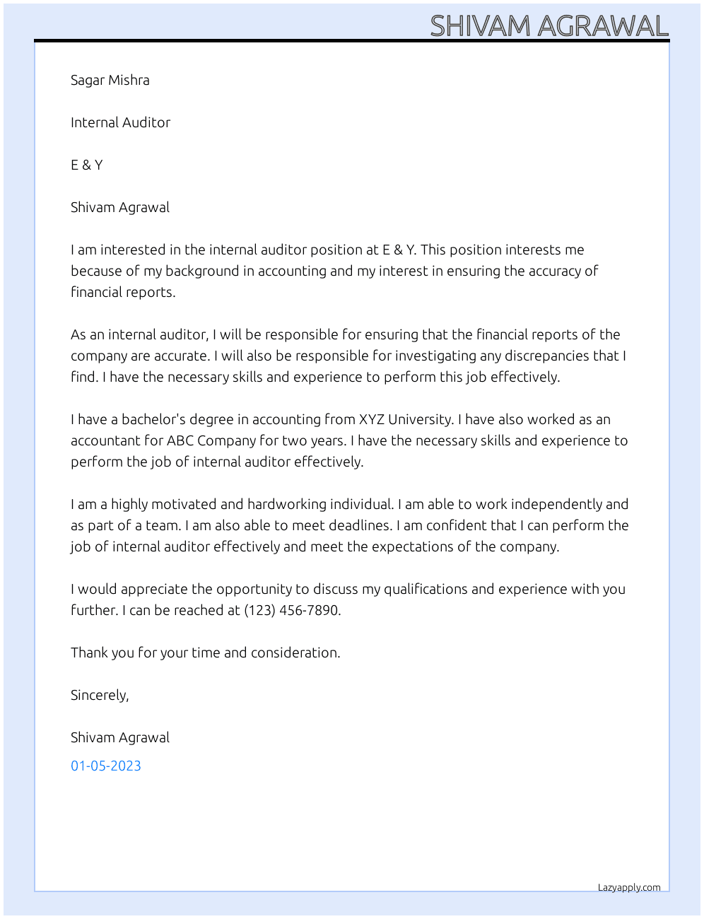 Internal Auditor At E & Y Cover Letter