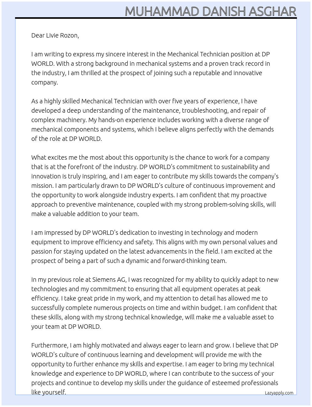 Mechanical Technician At DP WORLD Cover Letter
