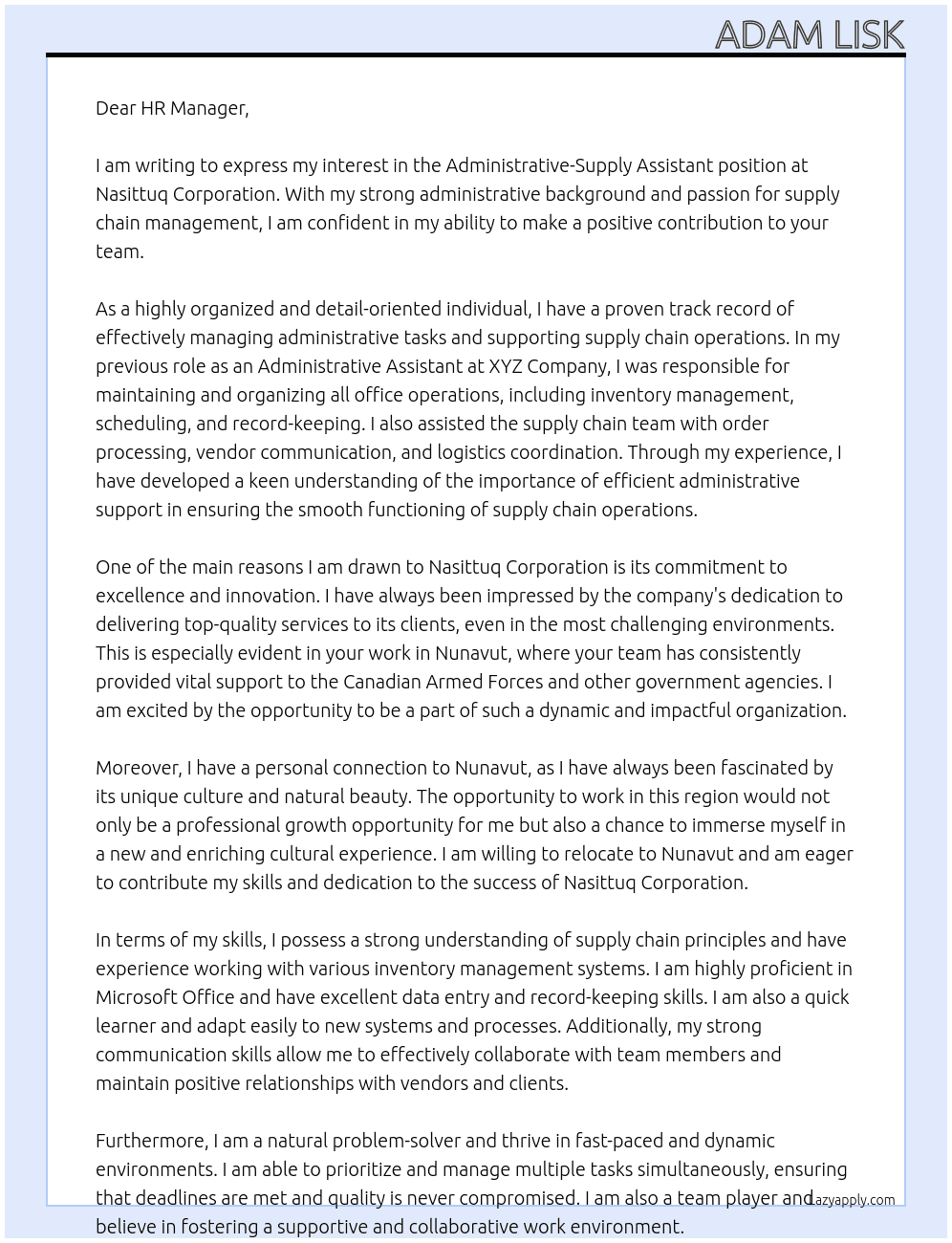 Administrative-Supply Assistant At Nasittuq Corporation Cover Letter