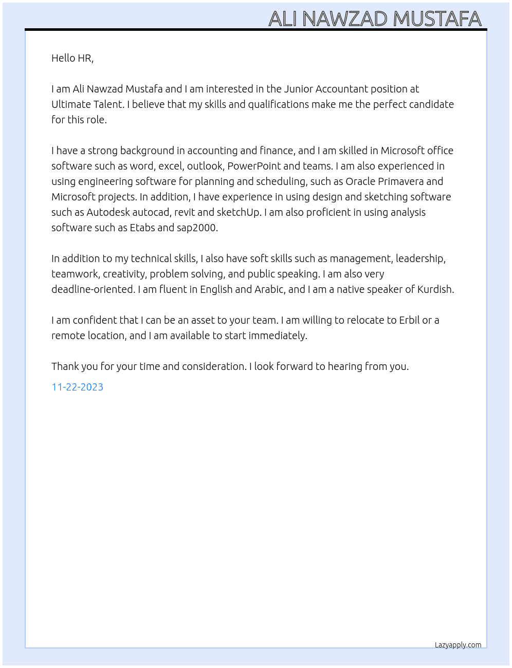 Junior Accountant At Ultimate Talent Cover Letter