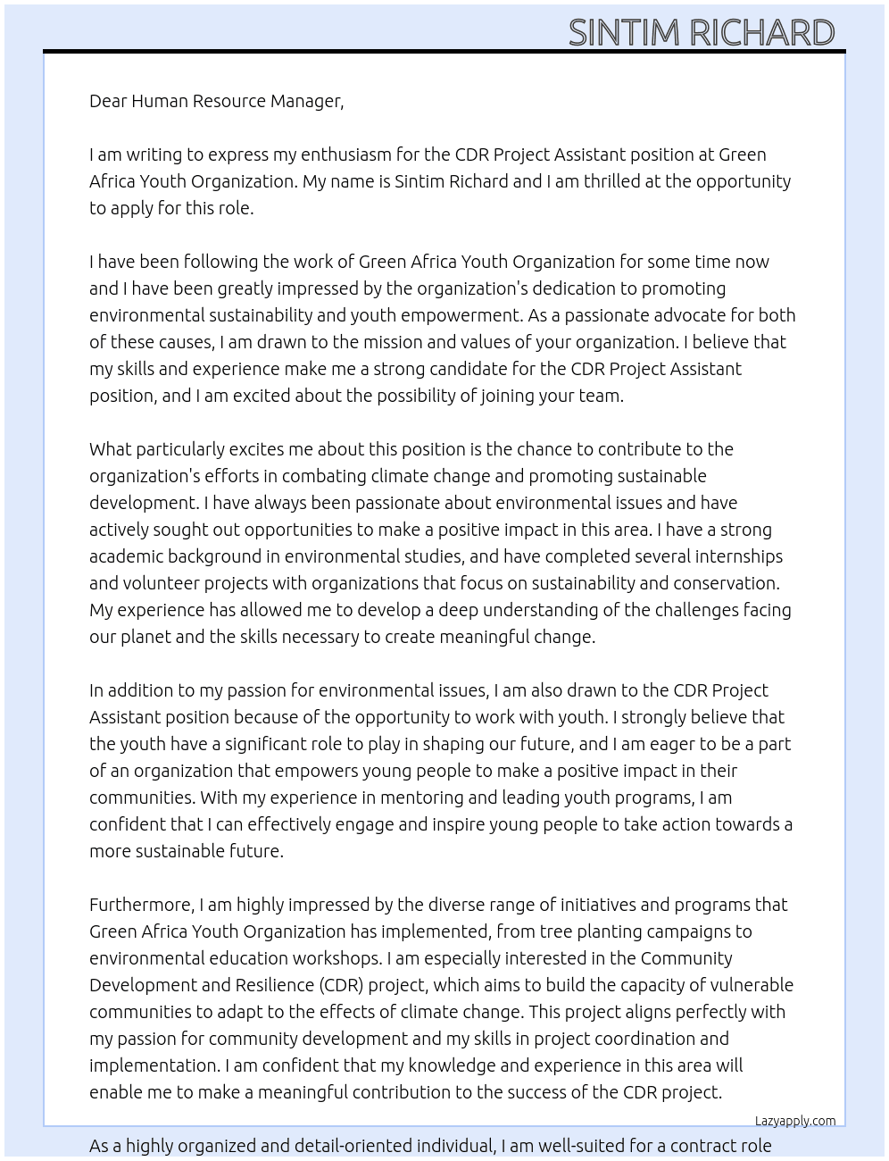CDR Project Assistant  At Green Africa Youth Organization  Cover Letter