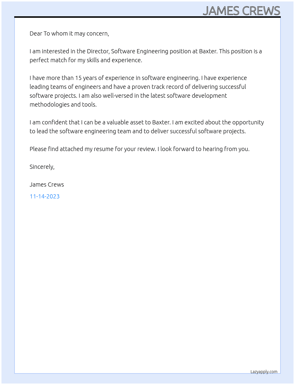 Director, Software Engineering At Baxter Cover Letter