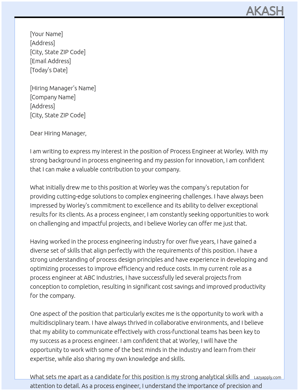 Process Engineer At Worley Cover Letter