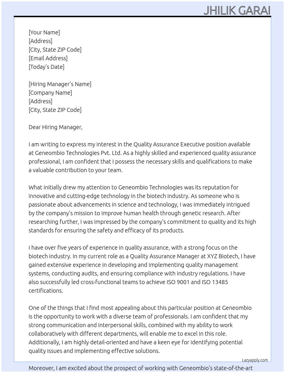 Quality Assurance Executive At Geneombio Technologies Pvt. Ltd Cover Letter