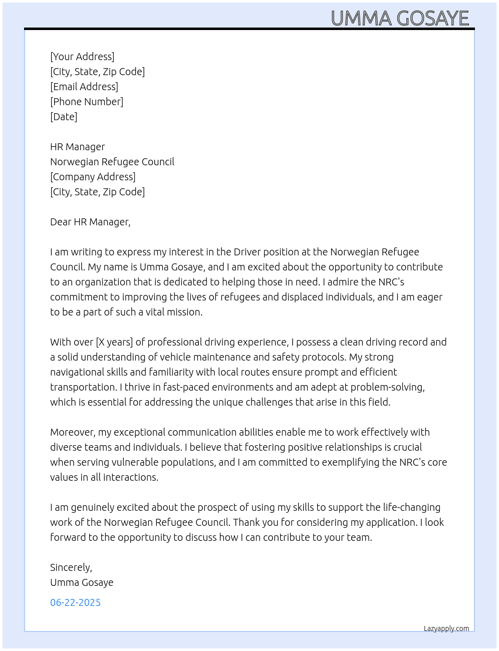 driver  At Norwegian refugee council  Cover Letter