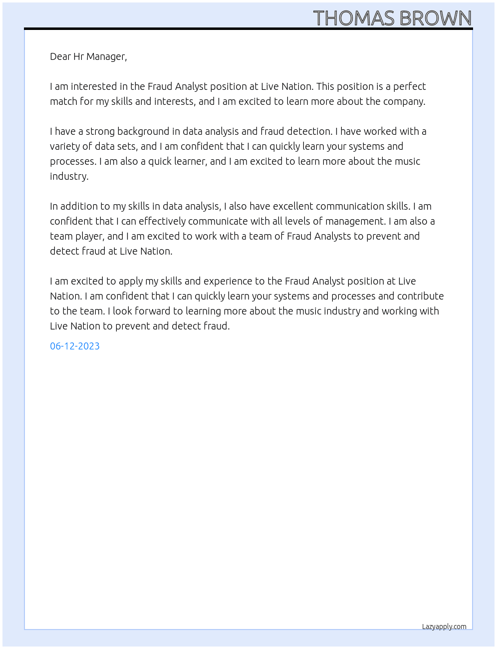 Fraud Analyst At Live Nation Cover Letter