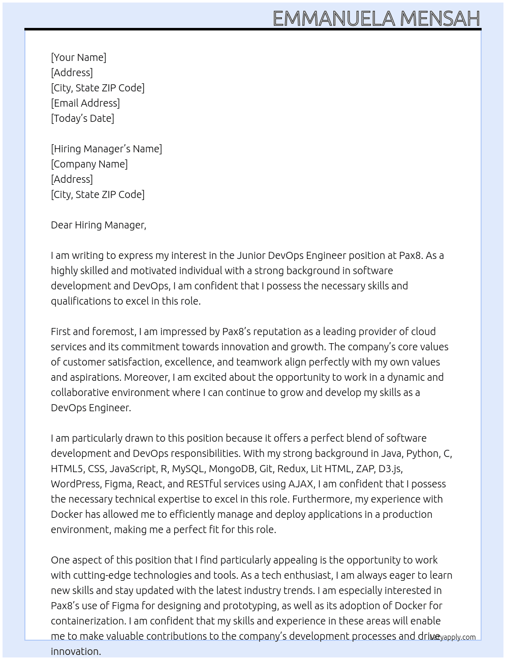 Junior DevOps Engineer At Pax8 Cover Letter