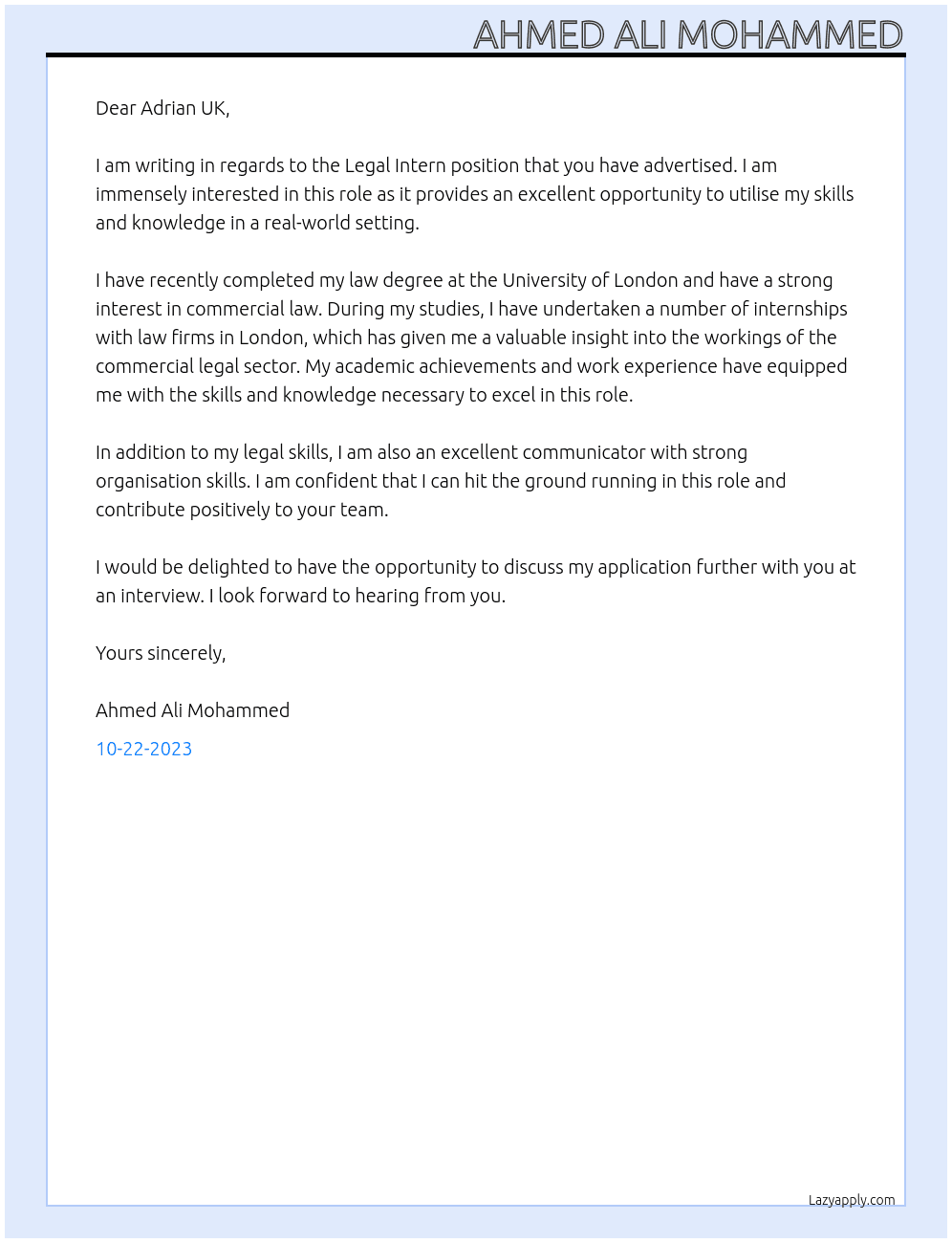 Legal Intern At Adrian UK Cover Letter