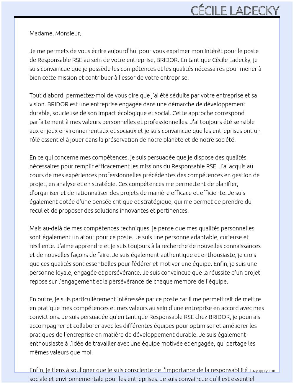 Responsable RSE At BRIDOR Cover Letter
