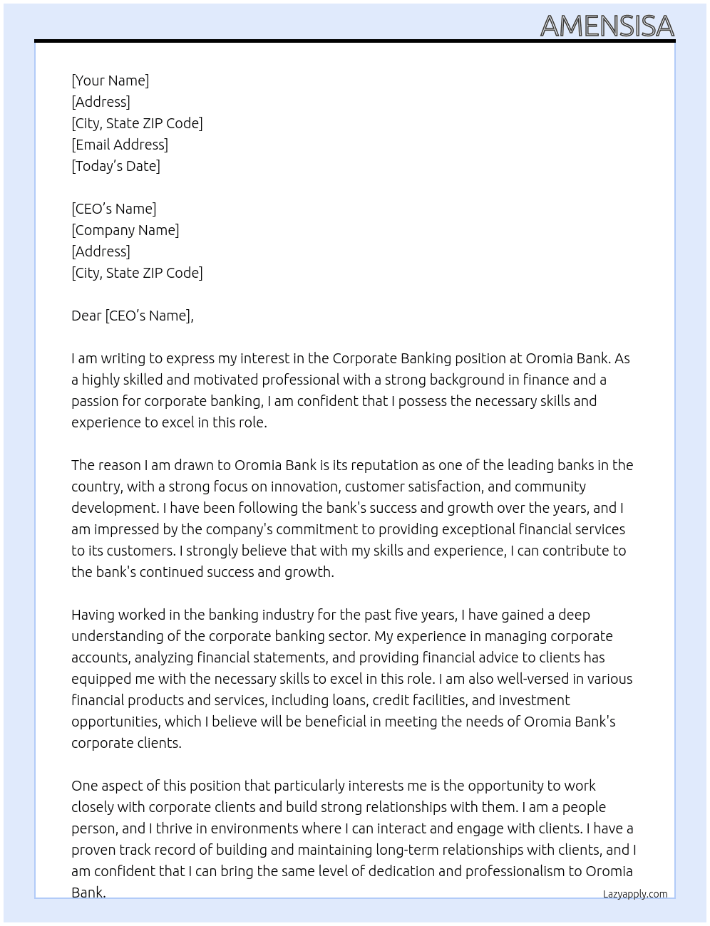 CORPORATE BANKING At Oromia Bank Cover Letter