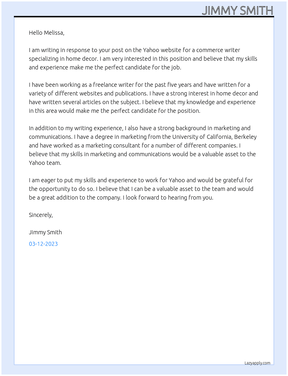 commerce writer specializing in home decor At yahoo Cover Letter