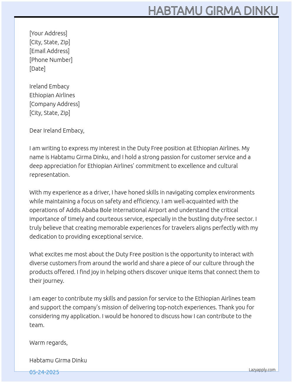 Duty free  At Ethiopian Airline Cover Letter