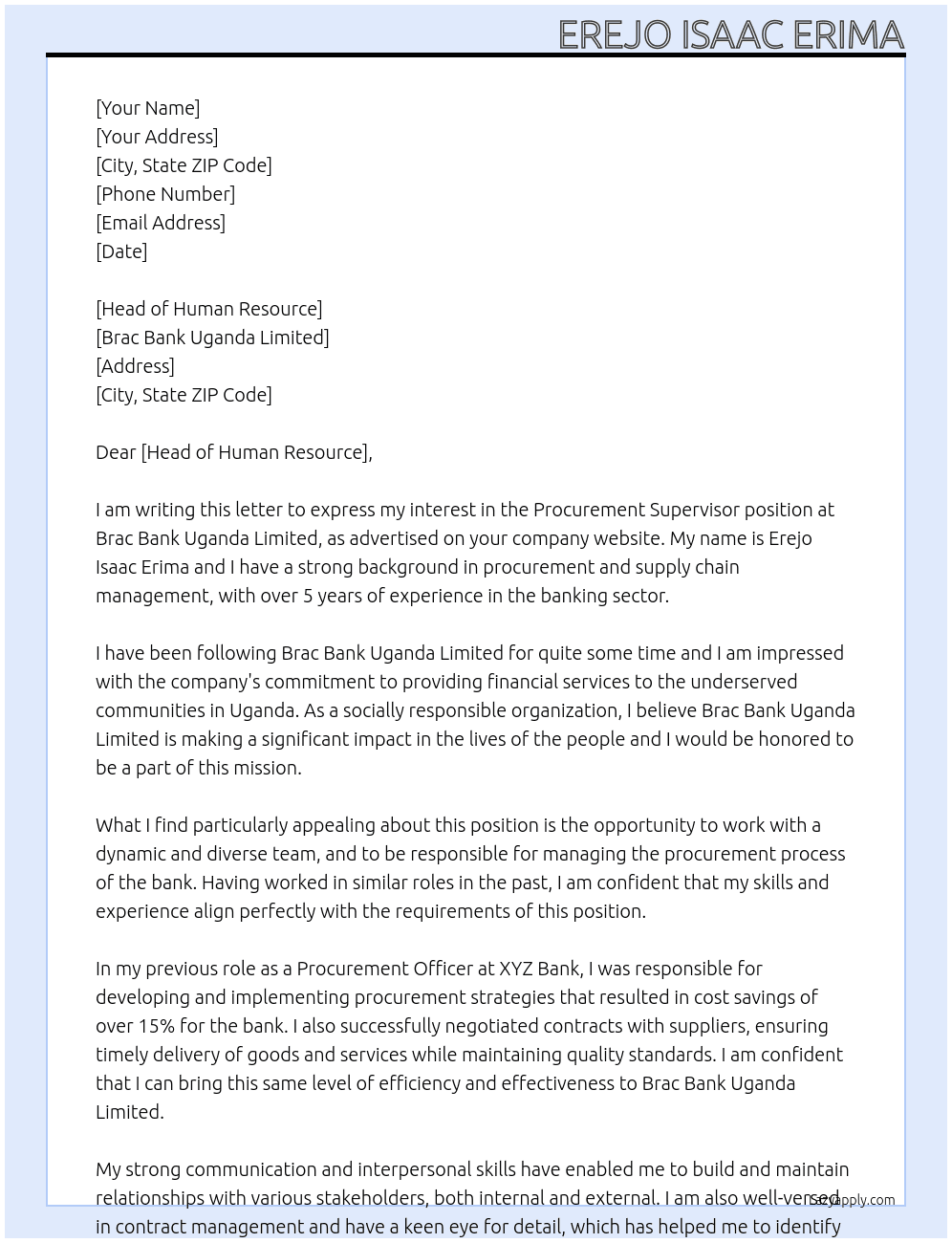 Procurement supervisor  At Brac Bank Uganda Limited  Cover Letter