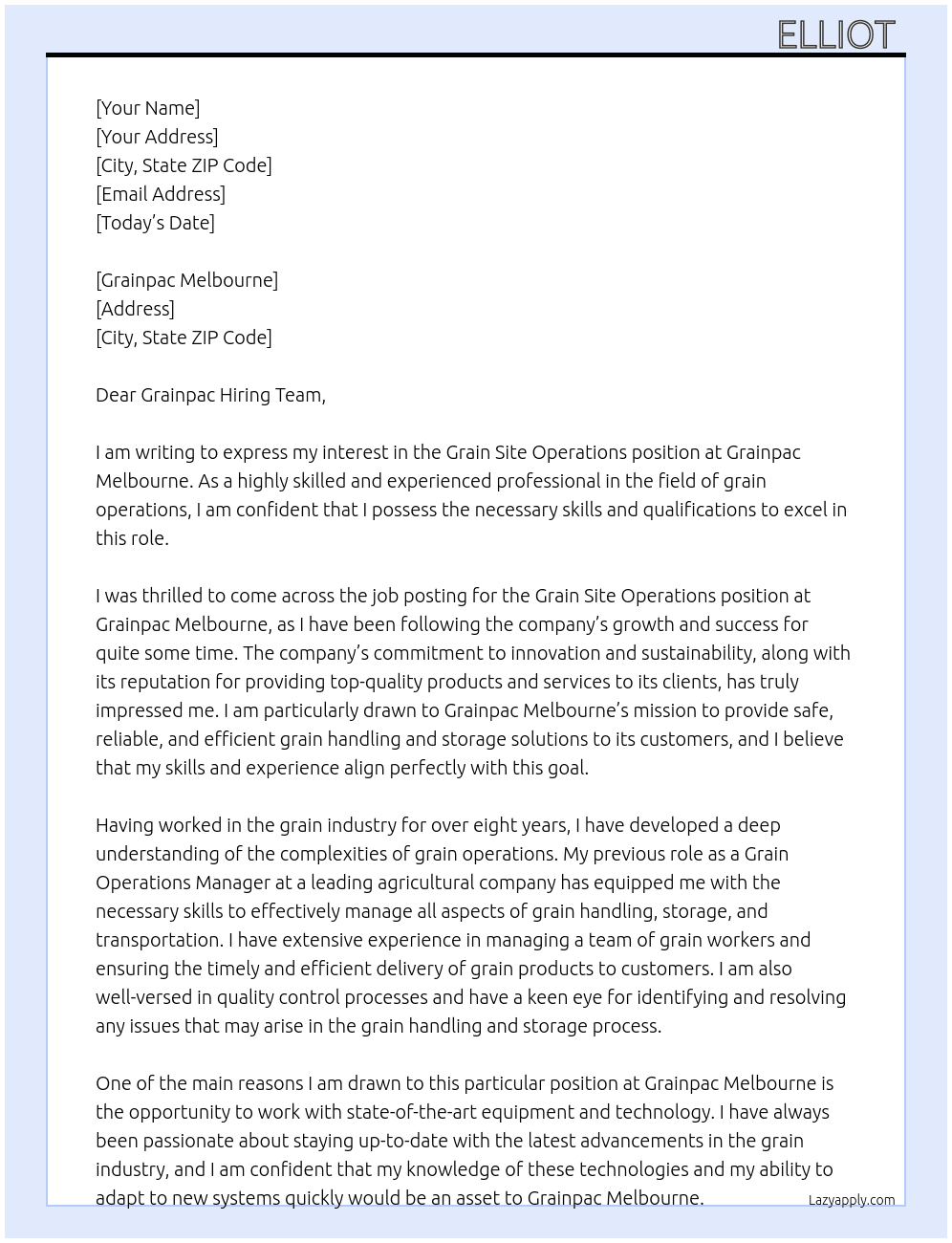 Grain Site Operations At Grainpac Melbourne Cover Letter