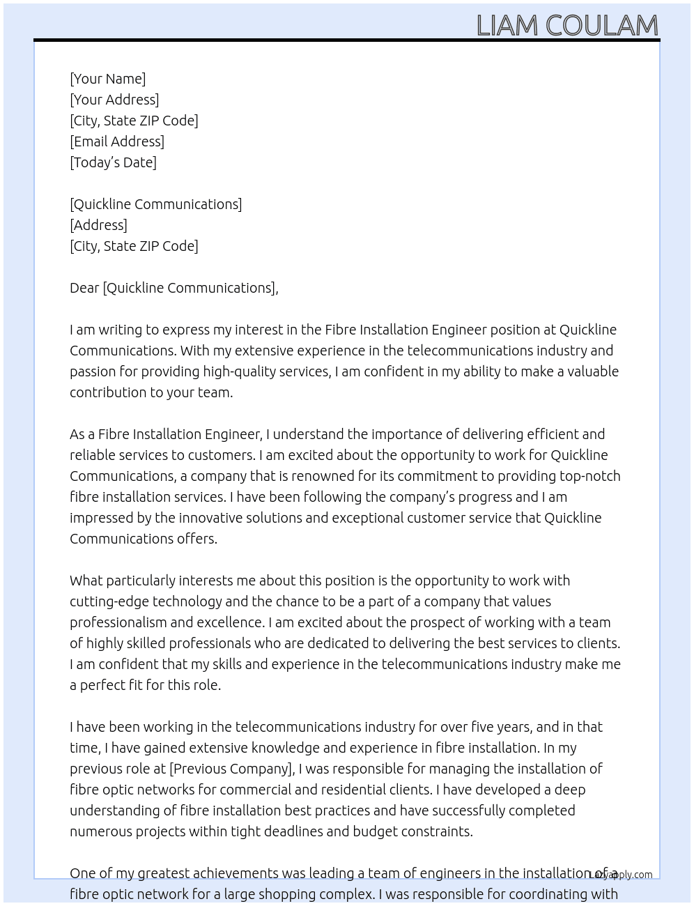Fibre Installation Engineer At Quickline Communications  Cover Letter