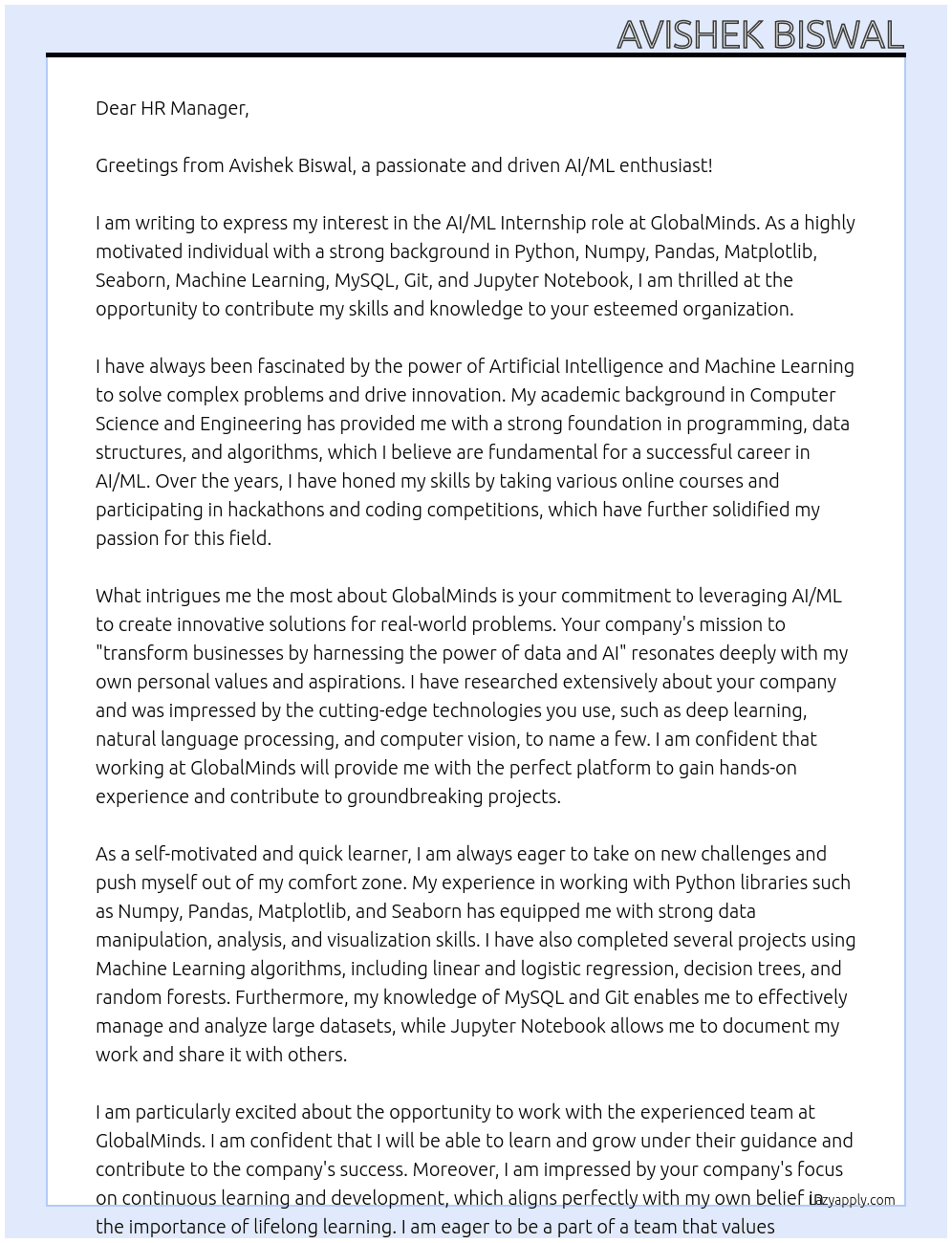 AI/ML Intern At GLOBALMINDS Cover Letter