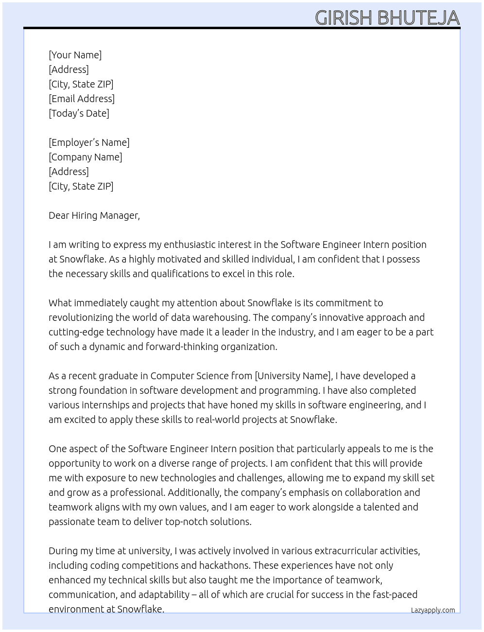 Software Engineer Intern At Snowflake Cover Letter