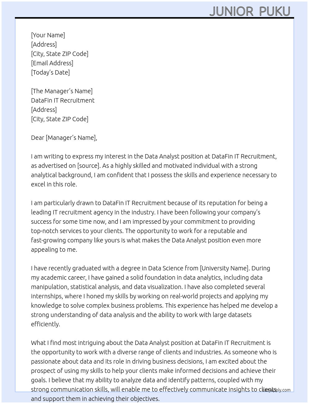 DATA ANALYST At DataFin IT Recruitment Cover Letter