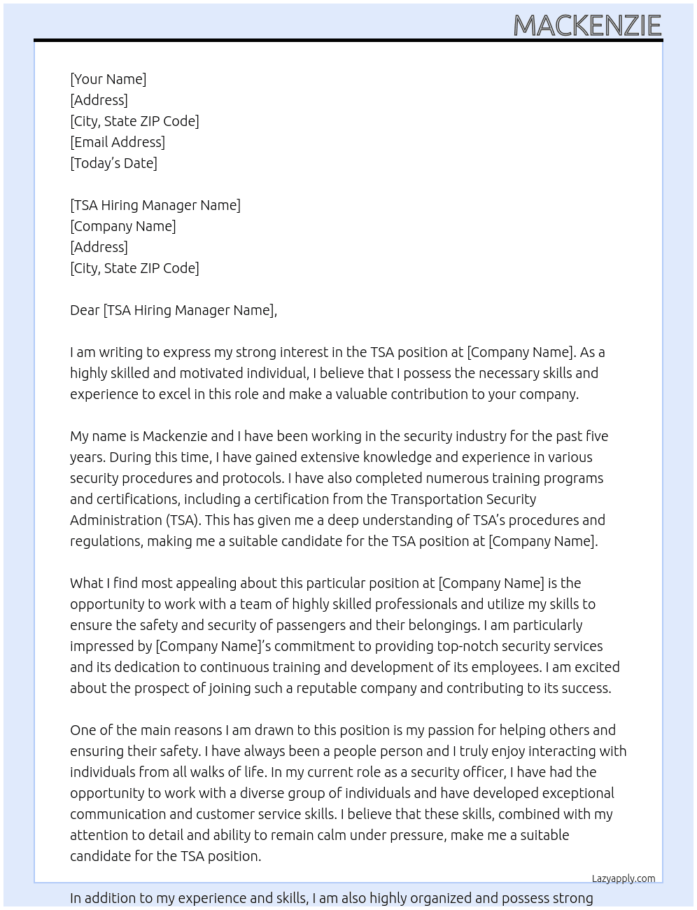 TSA At TSA Cover Letter