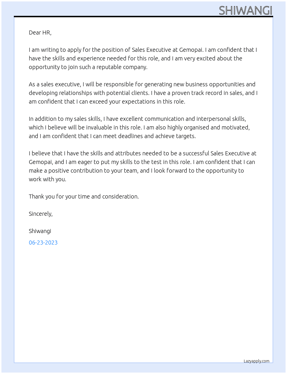 Sales executive  At Gemopai Cover Letter