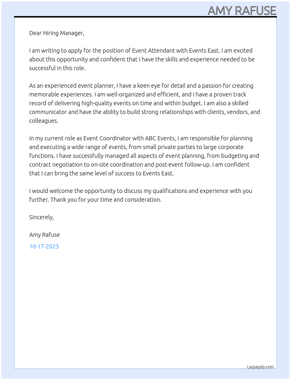 Event attendant  At events east Cover Letter