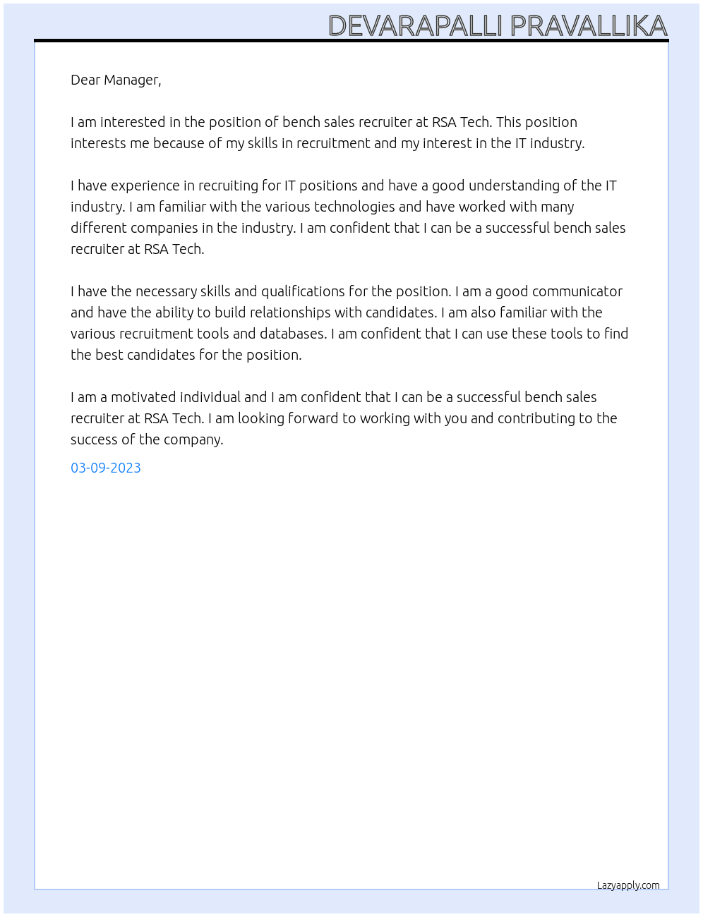 bench sales recruiter At RSA Tech Cover Letter