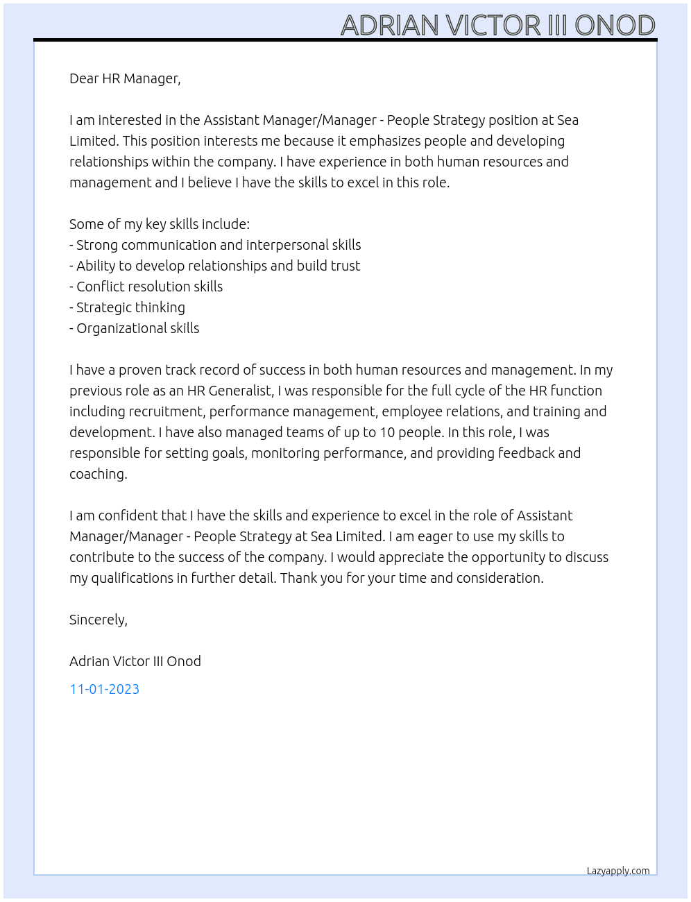Assistant Manager/Manager - People Strategy At Sea Limited Cover Letter