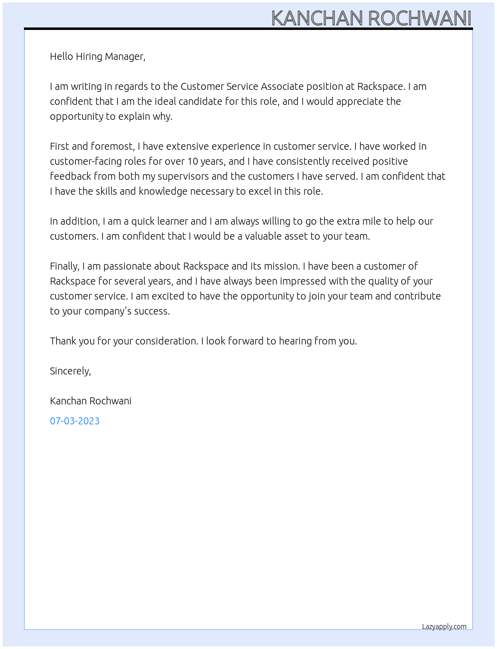Customer service associate  At Rackspace  Cover Letter