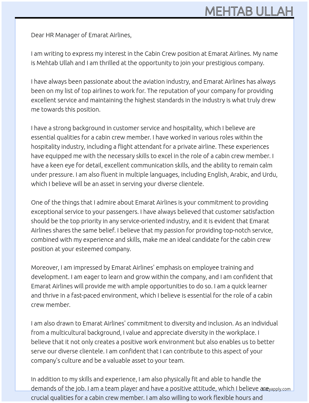 Cabin crew At Emarat airlines Cover Letter