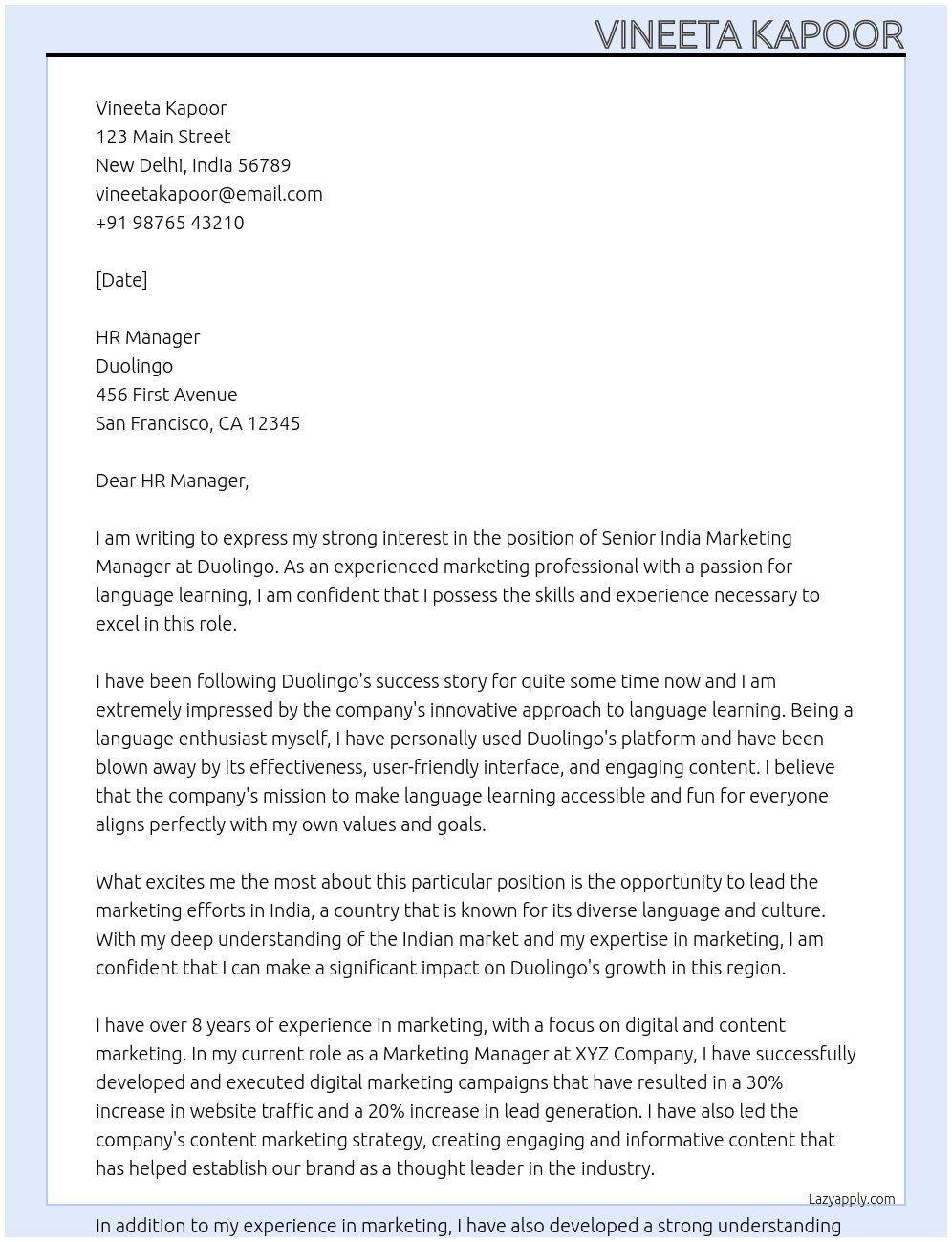Senior India Marketing Manager At Duolingo Cover Letter
