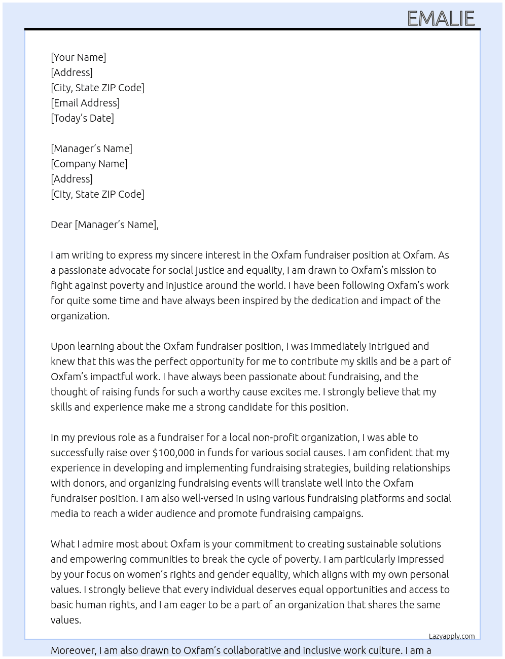 Oxfam fundraiser  At Oxfam  Cover Letter