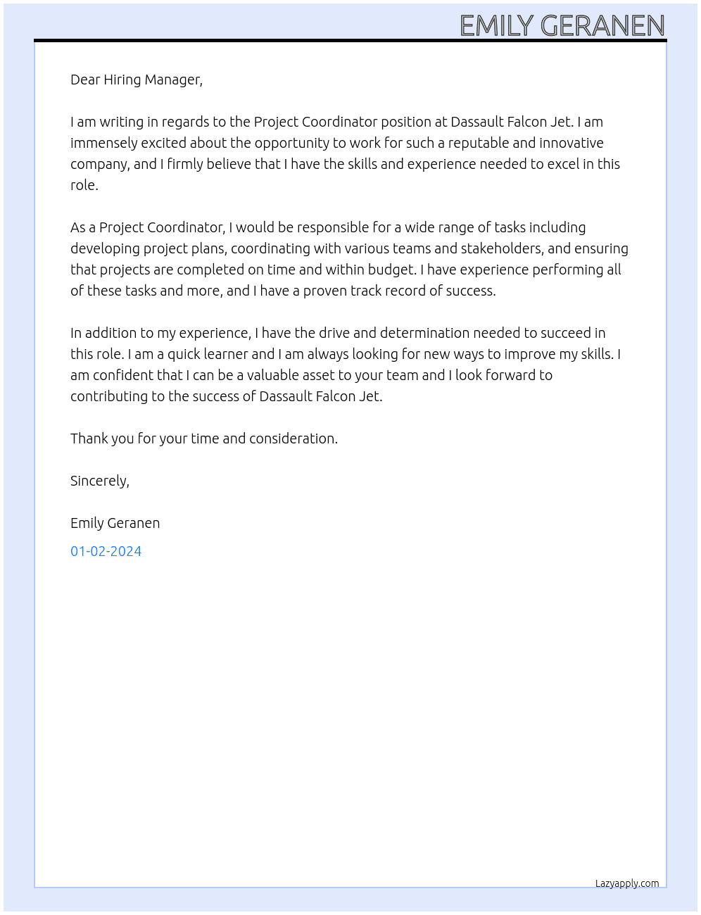 Project coordinator  At Dassault Falcon Jet Cover Letter