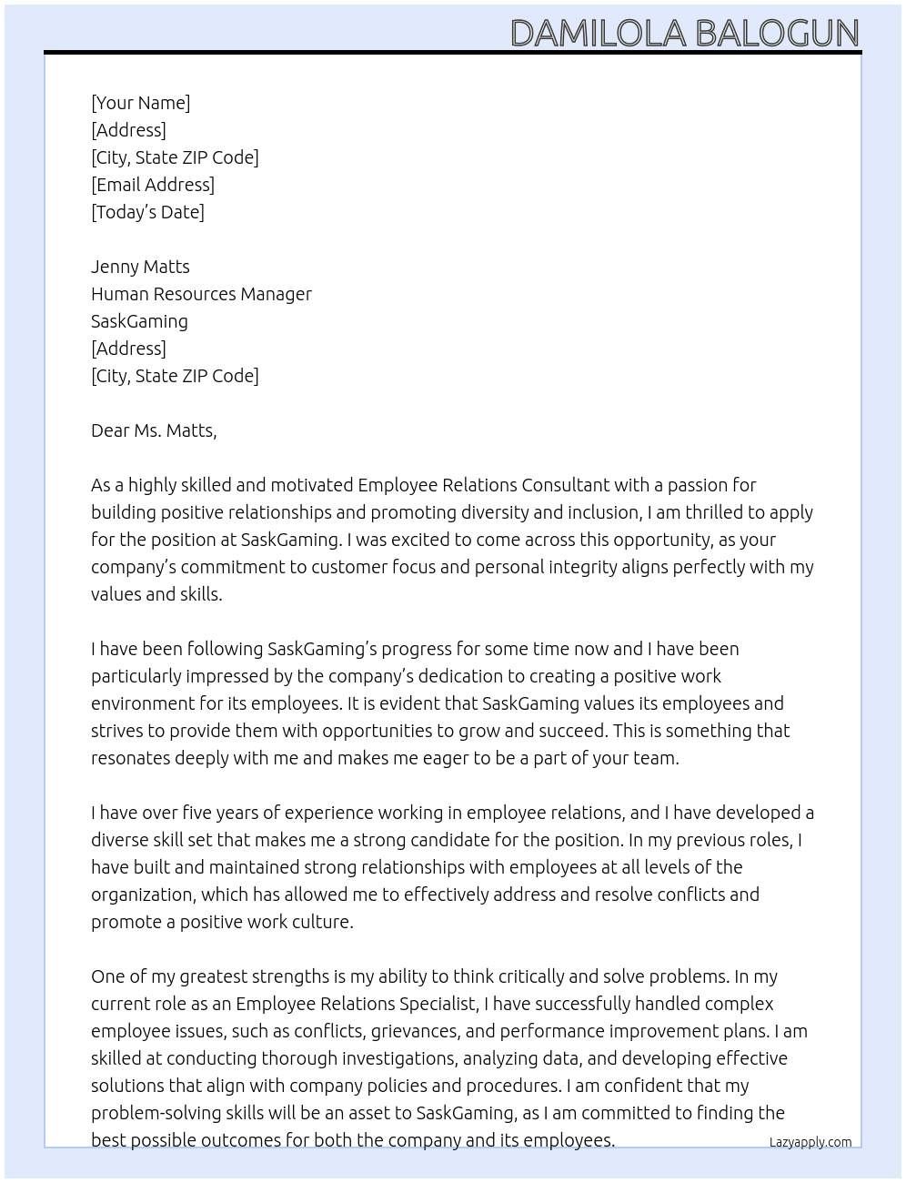 Employee Relations Consultant At SaskGaming Cover Letter