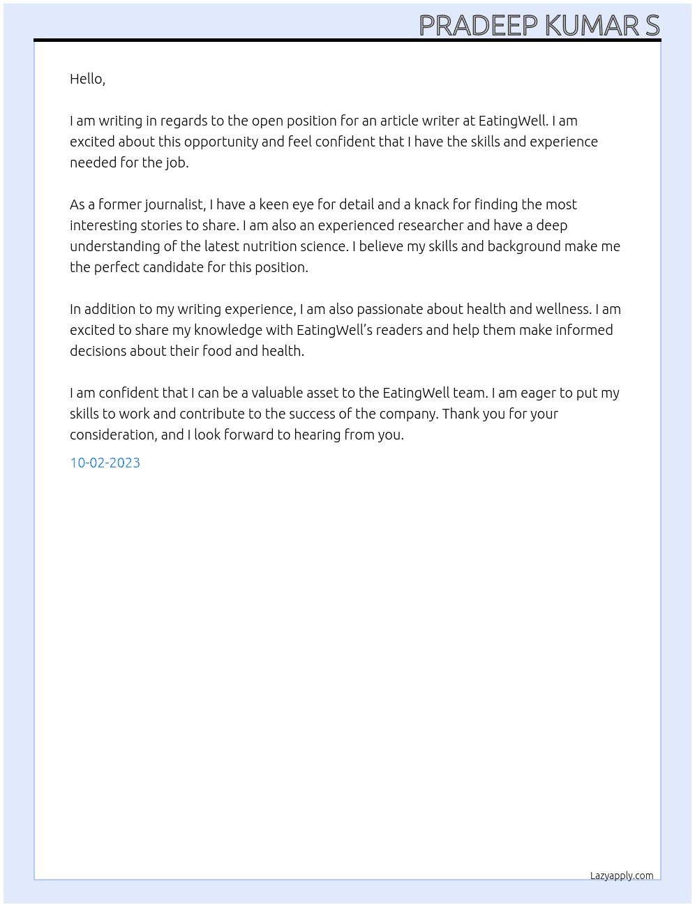 Article writer At eatingwell Cover Letter