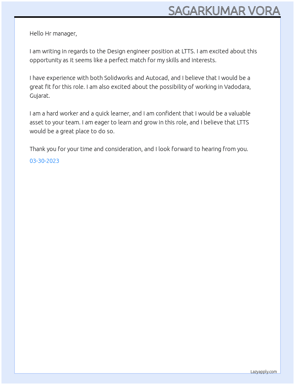 Design engineer At LTTS Cover Letter