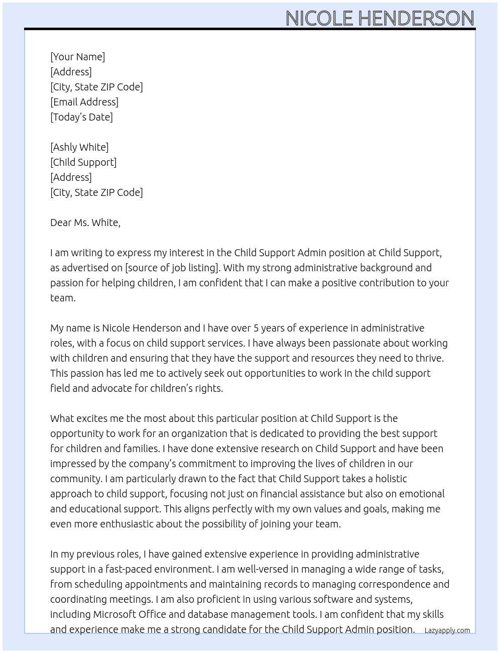 Childs support Admin At Child Support Cover Letter